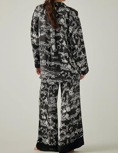 Image of Yimoon Satin Pajama Set for Women Silk Pajamas Set 2 Piece Floral Cute Pj Set Long Sleeve Pjs Sleepwear