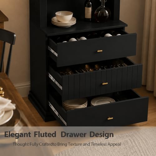 Image of ivaniti 71 inch Arched Kitchen Pantry Cabinet Set of 4 with 12 Drawers, Black Freestanding Storage Hutch with Open Shelves and Gold Handles for Kitchen, Dining Room