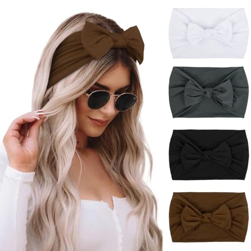 Huachi Bow Headbands for Women Fashion Wide Head Bands for Womens Hair Non Slip Soft Elastic Hairbands Headwrap Turban Bandanas African Thick Workout Yoga Gym Hair Accessories 4 Packs