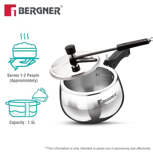 Image of Bergner Shouraya Triply Stainless Steel 1.5 Litres Inner Lid Pressure Cooker, Belly Shape, Faster and Even Heat Distribution, Healthy Cooking, ISI-Certified - Induction and Gas Stove Ready