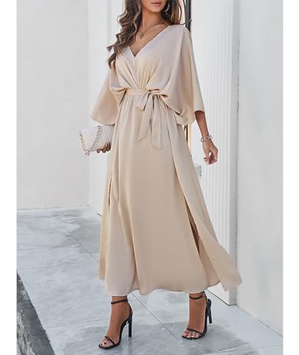 Image of SEMATOMALA Women's Satin Batwing Sleeve Cocktail Evening A Line Long Dress V Neck Ruched Loose Maxi Dress