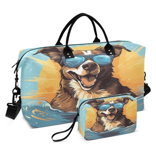Dog Travel Duffle Bag Gym Bag, Dog in Pool Weekender Bags for Women with Toiletry Bag Travel Tote Bag Swim Bag