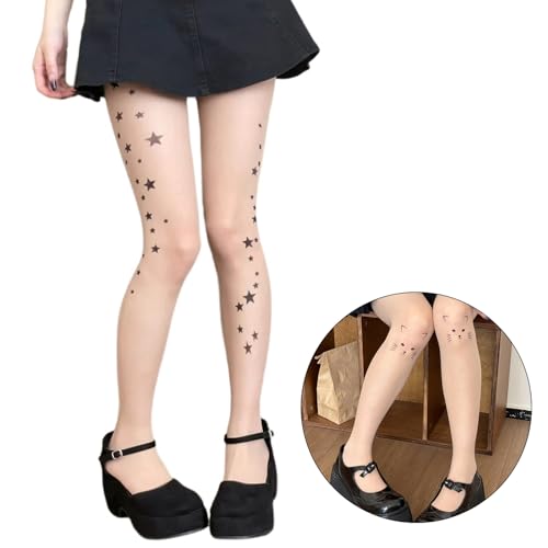 Women Aesthetic Star Cat Printed Sheer Silk Tights Stockings Japanese Girl Thin See Through Pantyhose Leggings2