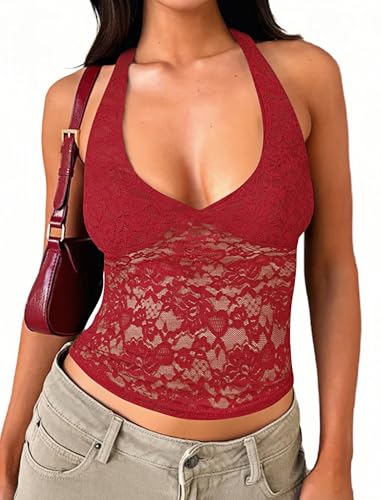 Matunana Womens Lace Halter Tops Going Out V Neck Crop Backless Sleeveless Tank Y2k Cute Sexy Shirt Summer Trendy 2026 Red S