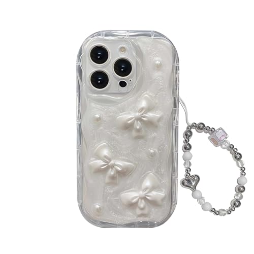 NICEHOLI iPhone 16用 ケース のり付き 立体 リボン パール シルバー チェーン シルバー 立体 透明 韓国 可愛い 人気 スマホケース 光沢 ファッション シンプルシリコン フルカバー 携帯電話ケース(iPhone 16 -B)