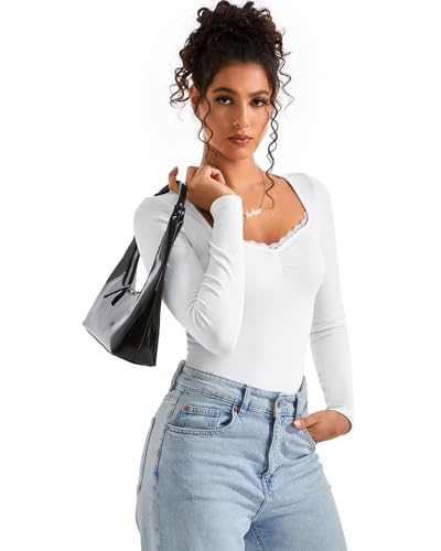 Image of SUUKSESS Women Sweetheart V Neck Long Sleeve Tops Lace Trim Ribbed Modal Fall Going Out Shirts
