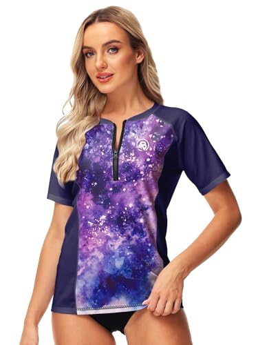 Image of AOBUTE Women Zip Rash Guard UPF 50+ Gradient Short Sleeve Swim Top Surf Shirts