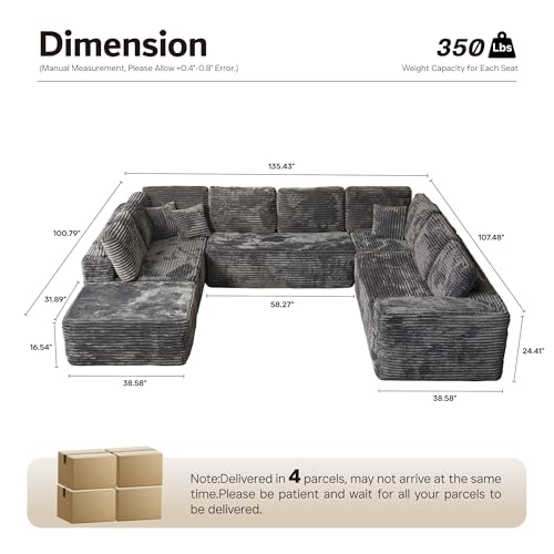 ovios Sectional Cloud Couch for Living Room, Modular Floor Sofa with Plush Corduroy, No Assembly Required, Big Comfy Couches Set with Fluffy Memory Foam, Stupendous U Shaped Sofas with Chaise, Grey