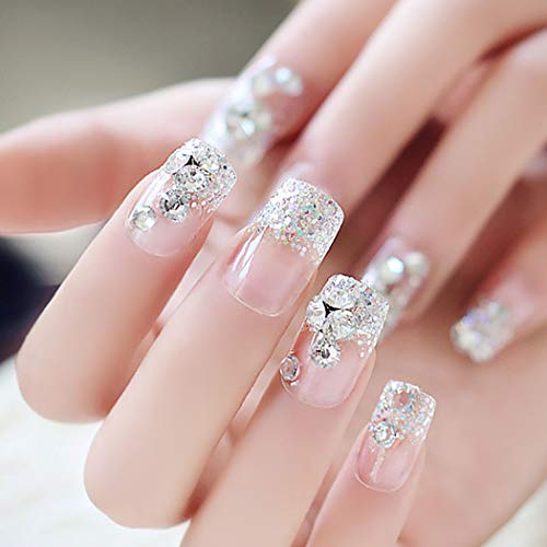 Drecode Bridal Wedding Fake Nails Bling Rhinestone Full Cover Acrylic False Nail Party Prom Glitter Clip Press on Nails for Women and Girls(24Pcs)