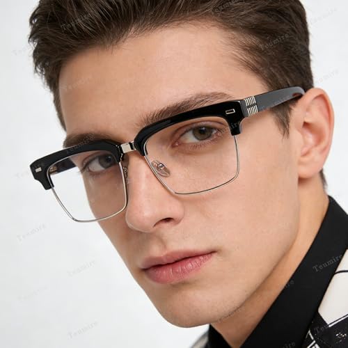Image of Semi Rimless Rectangle Blue Light Glasses Men Women Black Square Eyewear