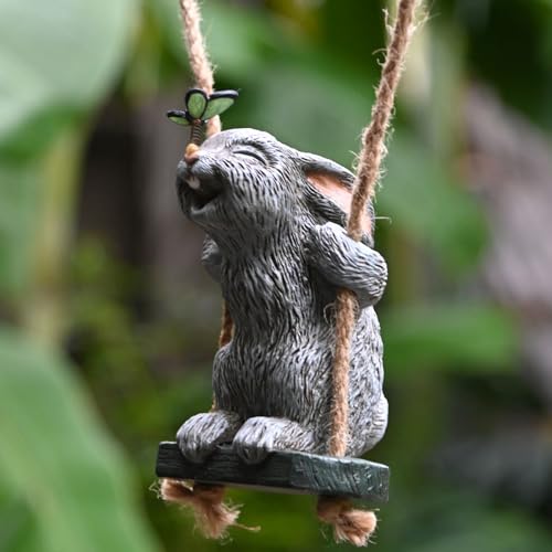 OwMell Garden Rabbit Statues Cute Swing Bunny with Butterfly Statue Decoration for Yard Hanging Outdoor Tree Ornaments Figurine for Stump Branch Lawn Patio Decor