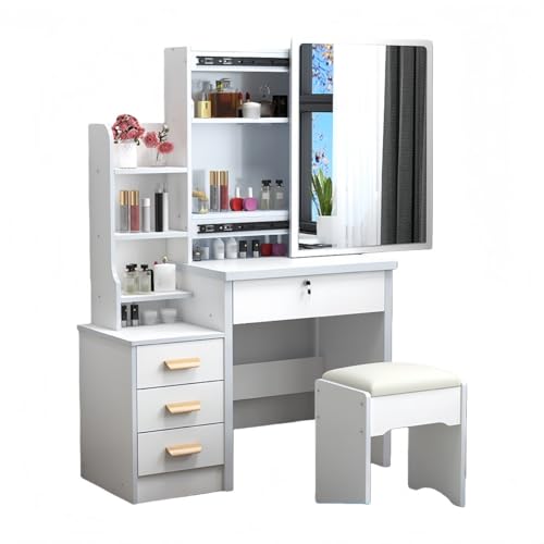 samchu化粧台 コンパクト スライド鏡 収納 多機能 ベッドサイド ワンルーム アパート おしゃれ 北欧 モダン 学習机 デスク 省スペース ミラー 引出し スツール 付属 鏡 ドレッサー (80*36*130cm,ホワイト)