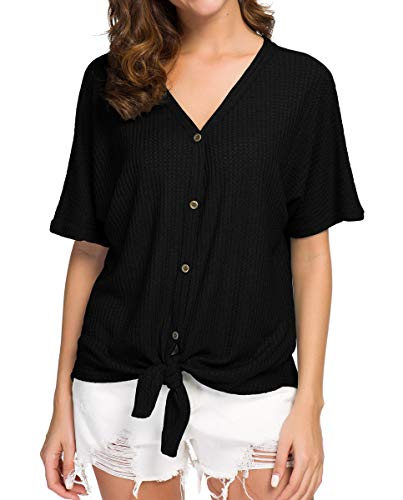 IWOLLENCE Women's Waffle Knit Tunic Blouse Tie Knot Short Sleeve Henley Tops Loose Fitting Bat Wing Shirts2