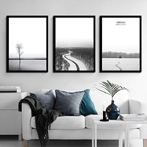 Tableau triptyque paysage d'hiver minimaliste noir et blanc 70x100 cm