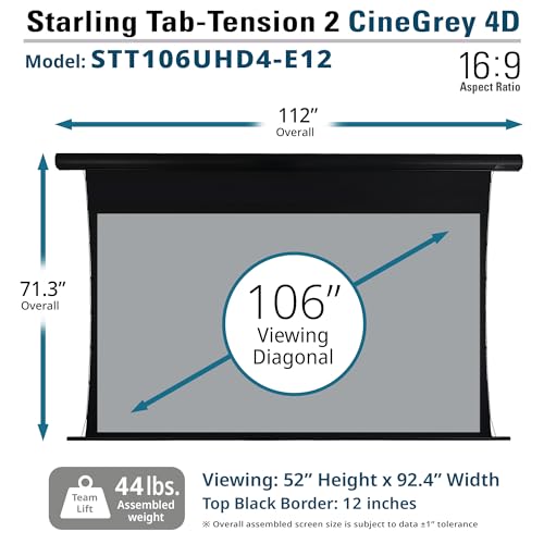 Image of Elite Screens Starling Tab-Tension 2 CineGrey 4D, 106 inch 16:9, Ceiling, Ambient Light Rejecting (CLR /ALR) Tab-Tensioned Electric Drop Down Front Projector Screen Programmed Remote Kit, STT106UHD4-E12
