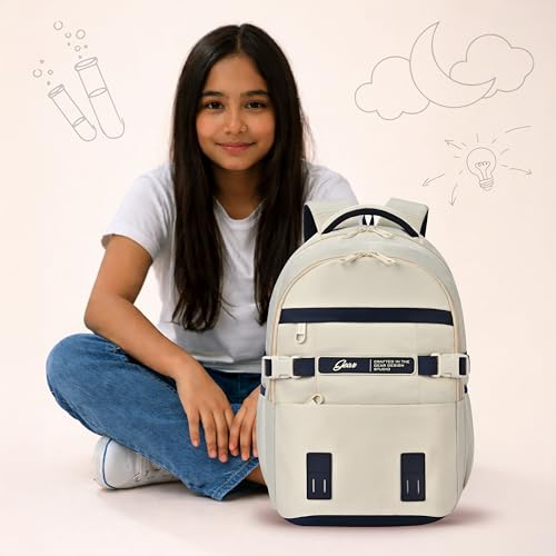 Image of Gear Elegant 19 inch /35L Large Water Resistant School Bag | Casual Backpack | Daypack | Travel Backpack | Kids Bag for Boys /Girls (Beige - Navy)