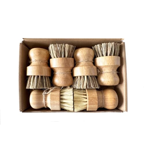 Bamboo Plam Brush Set, Palm and Sisal Pot Brush Set, Durable Wood Kitchen Dish Brush, Multifunctional Mini Cleaning Kit for Cleaning Pots, Dishes, Sinks, Fruits and Vegetables (6)