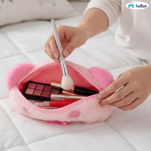 Image of FunBlast Fur Pencil Pouch for Girls - Cute Cartoon Animal Pouch, Multi-Purpose Zipper Case for School Kids, Cosmetic Pouch for Girls, Coin & Travel Pouches for School /Office (Pink-A)