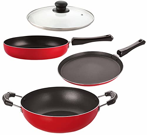 Image of Nirlon Aluminium Non-Stick Kitchen Cooking Utensil Item Set with Glass Lid, 4-Pieces (Flat Tawa|Fry Pan |Deep Kadhai(K)|1 Glass Lid)-32mm FT13 FP14 DKD(K) 1GLID