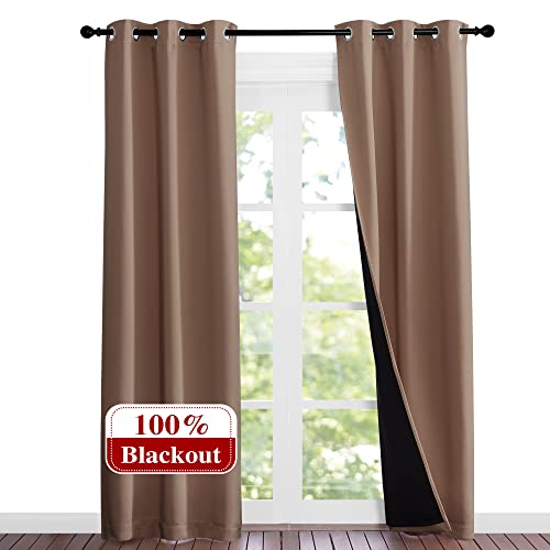 Image of NICETOWN Living Room Completely Shaded Draperies, Privacy Protection & Noise Reducing Ring Top Drapes, Black Lined Insulated Window Treatment Curtain Panels(Cappuccino, 2 Pieces, W37 x L84)