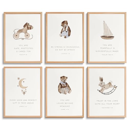 Image of Christian Nursery Wall Art Prints Set of 6 Kids Bible Verse Affirmations Wall Decor Pictures Vintage Animal Scripture Posters for School Baby Boy Room Decorations Unframed 8x10in