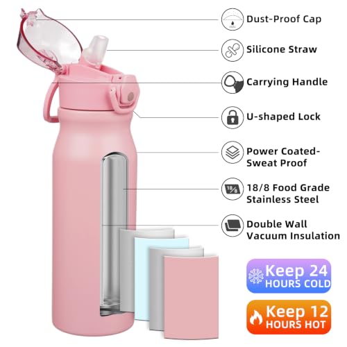 Image of BJPKPK 25 oz Insulated Water Bottle, Straw, Handle, Stainless Steel Flask | Leak Proof Locking Lid, Thermal, Double Wall Vacuum, Keeps Hot /Cold, BPA Free, Dishwasher Safe, Travel & Sports, Light Pink