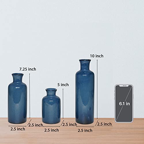 Ceramic Vase Set Home Decor - 3Pcs Modern Rustic Boho Geometric Blue Flowers Vase Decoration, Shelf Decor, Farmhouse Living Room Decoration, Decorative Gift Cynkeyee #TOP5