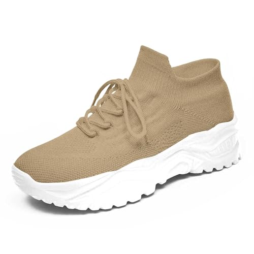 Zapatillas de Deporte con Cordones de Color Liso para Mujer, de Moda para Las Cuatro Estaciones, Zapatillas para Correr Tejidas con Vuelo de Color Liso (Khaki, 43)