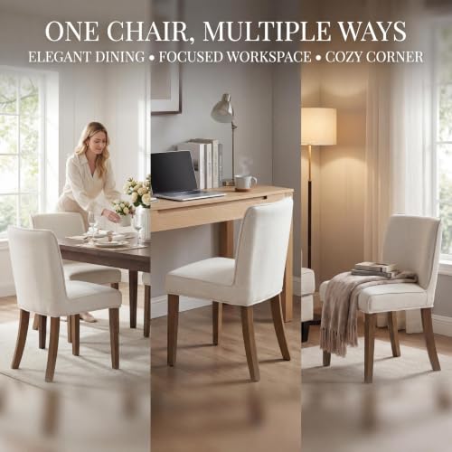 Image of Mid-Century Dining Chairs Set of 4, Linen Fabric Solid White Kitchen Chairs with Walnut Wood Leg Cushioned Back Modern Rustic Side Chairs for Living Room /Kitchen /Dining /Restaurant