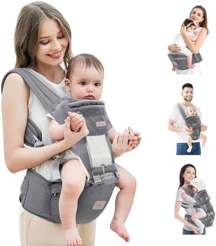 Baby Carrier Newborn to Toddler, Toddler Carrier with Hood All Seasons & All Position Baby Hip Carrier, Hip Carrier for Baby (Grey Upgrade)