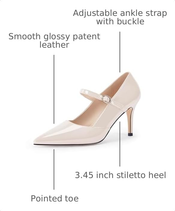 Image of Coutgo Womens Mary Jane Pumps Stiletto High Heels Closed Pointed Toe Buckle Strap Patent Leather Dress Wedding Party Shoes