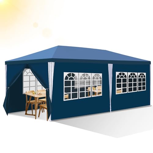 Izrielar Cenador de jardín impermeable de 3 x 6 m, con paneles laterales y ventanas, carpa para fiestas, puestos de mercado, festivales, mercadillos y camping, color azul