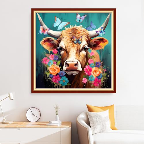 Image of Disxvivy Cross Stitch Stamped Full Embroidery Kits DIY 11CT Cotton Thread Printed DIY Needlepoint Kits Craft Needlework Set Cross-Stitch Stamped Sets-Colored Cow Flower 18x18 inch