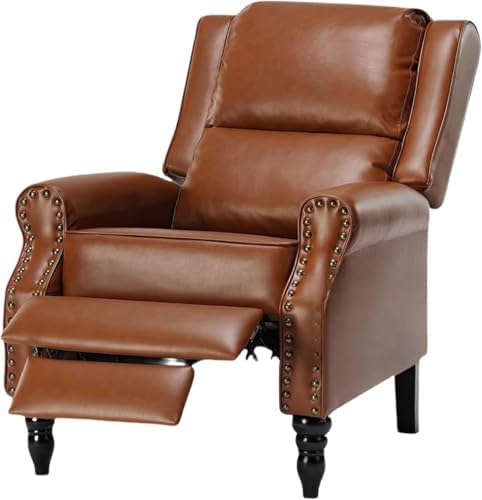 Image of Leather Recliner Chair, Pushback Recliner Chair with Adjustable Backrest Footrest, Mid Modern Reclining Chair with Overstuffed Arms Lumbar Support for Reading, Living Room, Yellow Brown