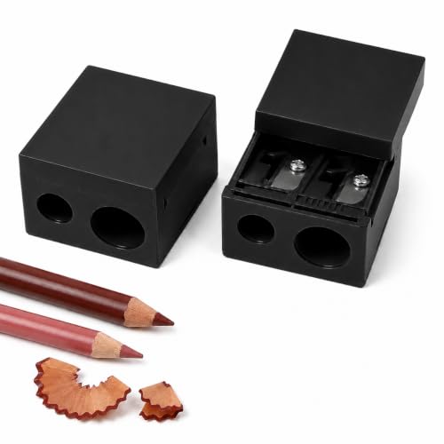 2 Pack Dual Hole Makeup Pencil Sharpener Fits Regular & Large Lip/Eye/Brow Pencils Perfect Points with Built-in Cleaning Pick Portable Compact Cosmetic Sharpener Black