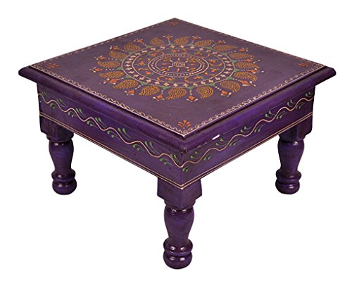 Hand Painted Indian Chowki Altar Meditation Stool Low High Stool Wooden Chowki for Living Room Purple (9 x 9 x 6 Inch)