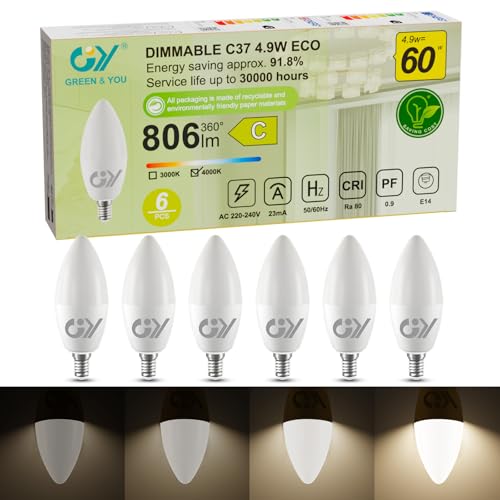 GY Bombilla LED regulable E14 de bajo consumo, casquillo C37, blanco neutro 4000 K, paquete de 6 unidades