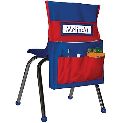 Carson Dellosa 15"W x 19"H Blue & Red Chairback Buddy Pocket Chart, Canvas Desk Buddy Pocket Organizer With Name Tag, Chair Pockets for Organizing Classroom Supplies, Chair Pockets for Classrooms Cover