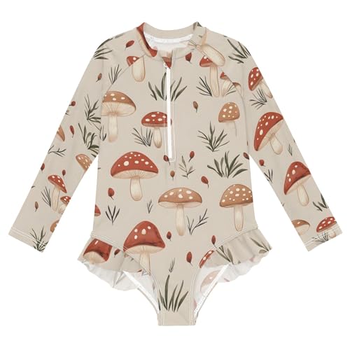 ALAZA Toddler Swimsuit Girl Bathing Suit Swimwear Rash Guard Mushroom Oatmeal Color Long Sleeve 3T