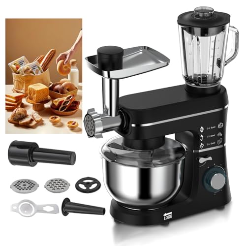 1400W 5 In 1 Multifunctional Stand Mixer, Electric Kitchen Mixer with Stainless Steel Bowl, 1.5L Glass Jar, Dough Hook, Beater, Whisk, 6 Speed Tilt-Head, Fermenta-tion Kitchen Mixer for Home