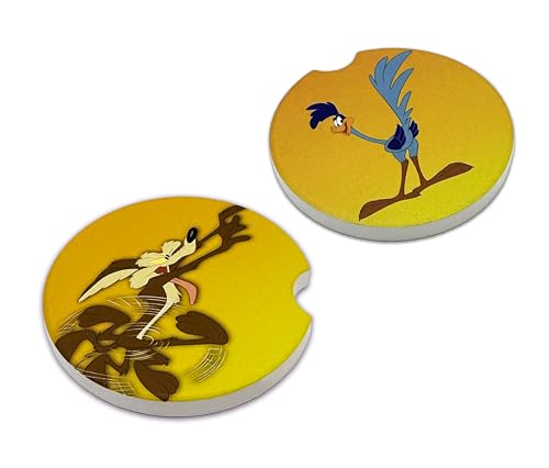 Elektroplate Officially Licensed Looney Tunes Wile E. Coyote & The Road Runner Auto Ceramic Coasters (2.6") | Universal Fit for All Cars, Trucks, SUVs, and More | Absorbent Non-Slip Durable | Set of 2