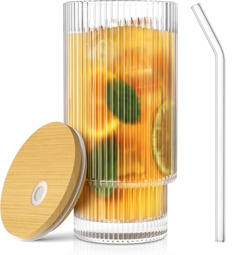 Image of KHOLAD Ribbed Drinking Glasses with Bamboo Lids and Straws, Ribbed Glass Cups, Stackable Glasses, Vintage Water Glasses for Juice, Beer, Coffee, Tea and Cocktail Pack of 1 (Lining)