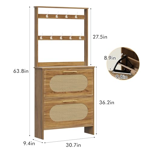 Image of Maupvit Tall Shoe Cabinet with Coat Rack, Slim Hidden Narrow Shoe Storage Cabinet with Doors & Drawer, 2-in-1 Hall Tree Freestanding Shoe Rack Organizer for Entryway Hallway Closet(Rustic Oak)