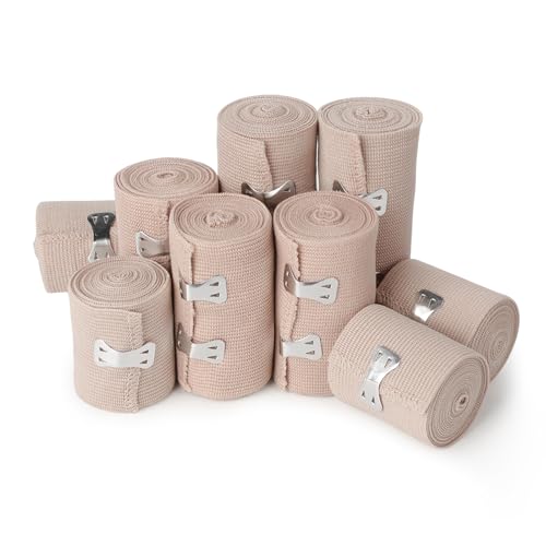 Dfuqanb 9 Stück Elastische Bandage, Kompressionsbinden Elastischer Verband mit Metallclips, Kompressionsrolle mit Extra Metallclips, Unterstützung von Handgelenken, Knöcheln und Knien