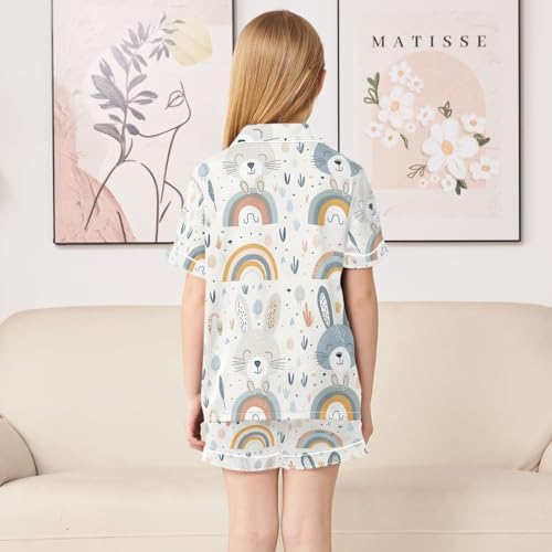 ALAZA Cute Rabbit Rainbow Pajamas Satin Pajama Set Short Sleeve Button Down Sleepwear4