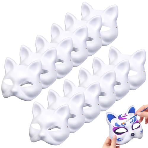 12 PCS Cat Masks White Paper Therian Cat Mask Hand Painted for Ki...