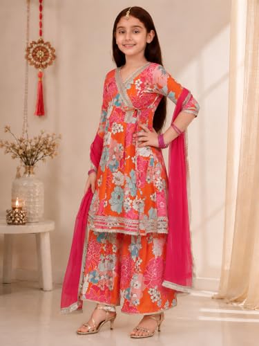 Image of Preneum Girls's Ethnic Cotton Bandhani & Lehariya Printed 3 /4 Sleeves Gotta Patti Angrakha Kurta with Sharara Set