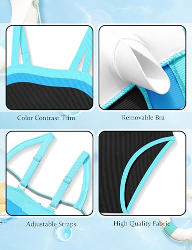 Image of Shallmu Girls Swimsuit Color Block Adjustable Straps One Piece Summer Bathing Suit for Girls 9-16 Years