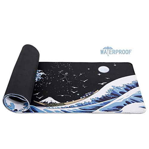 MEWOOCUE Gaming Laptop Mouse Pad,Sea Wave Big Mice Pads PC Keyboard Waterproof and Non-Slip 31.5 x 11.8inches 3mm Thick XL,XXL Rubber Table Mat, Kanagawa Surfing and Black Japanese Mouse Pads - Image 4