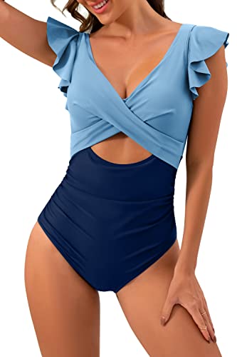 B2prity Women's One Piece Swimsuit Ruffle Cutout Bathing Suits Slimming Tummy Control V Neck Wrap Swimwear